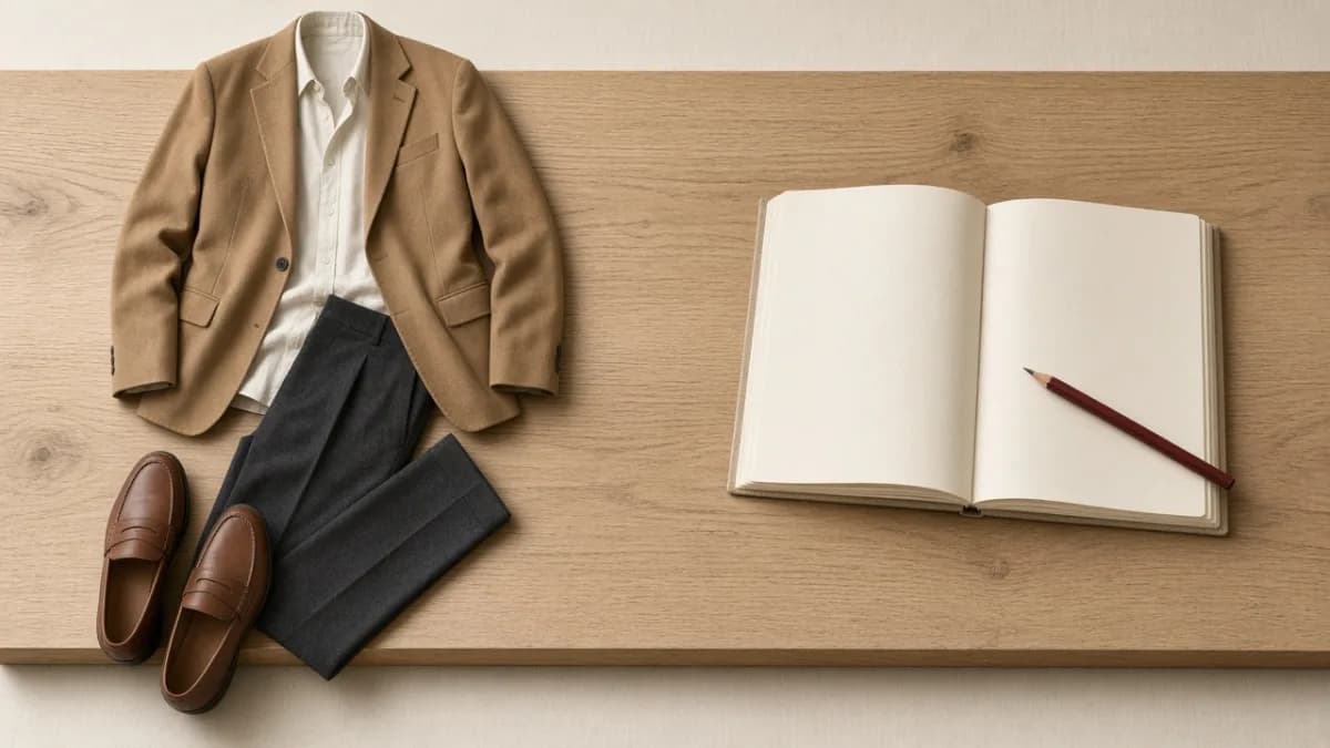Two styling paths on a table: a laid-out outfit on the left and a notebook with a written brief on the right