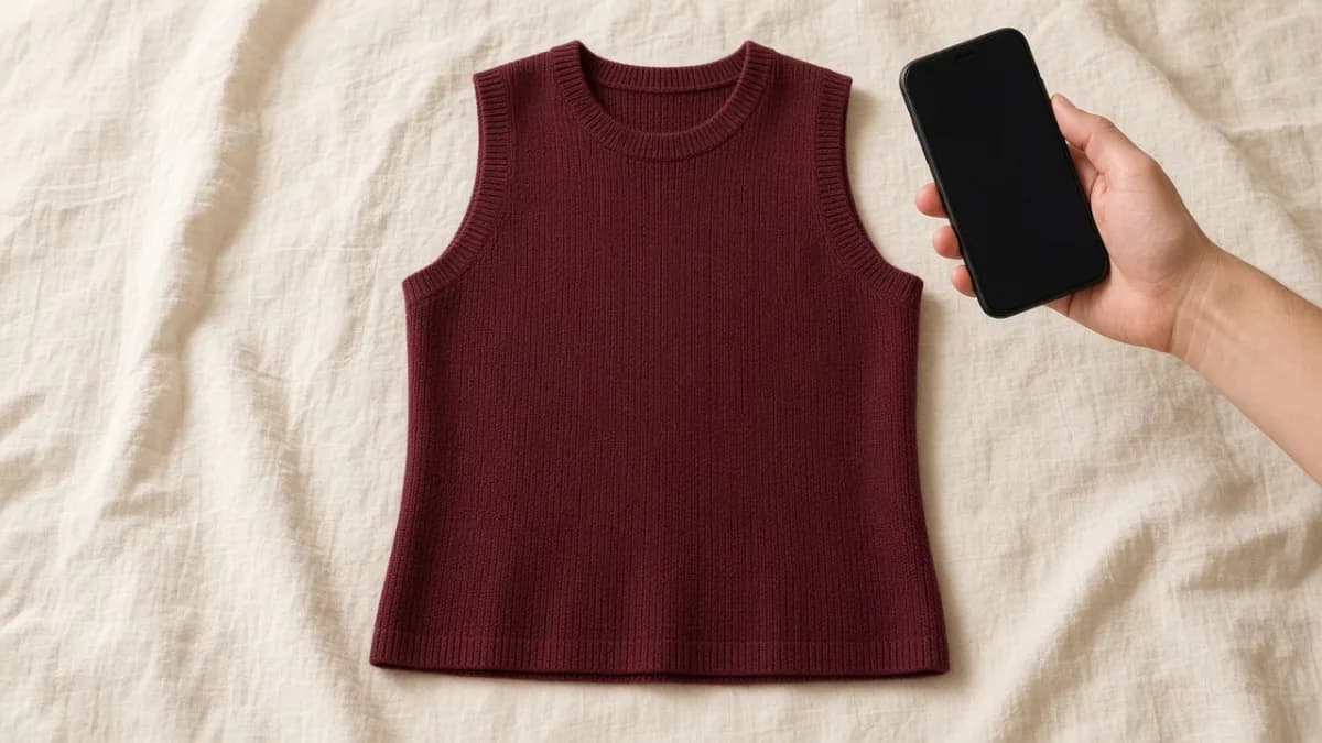A phone photographing a burgundy knit laid flat on a cream bedspread in even window light