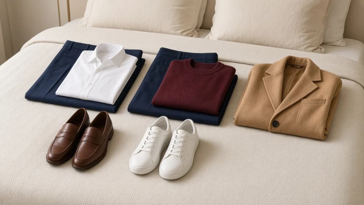 Folded travel outfits with two pairs of shoes laid out in rows on a cream bedspread