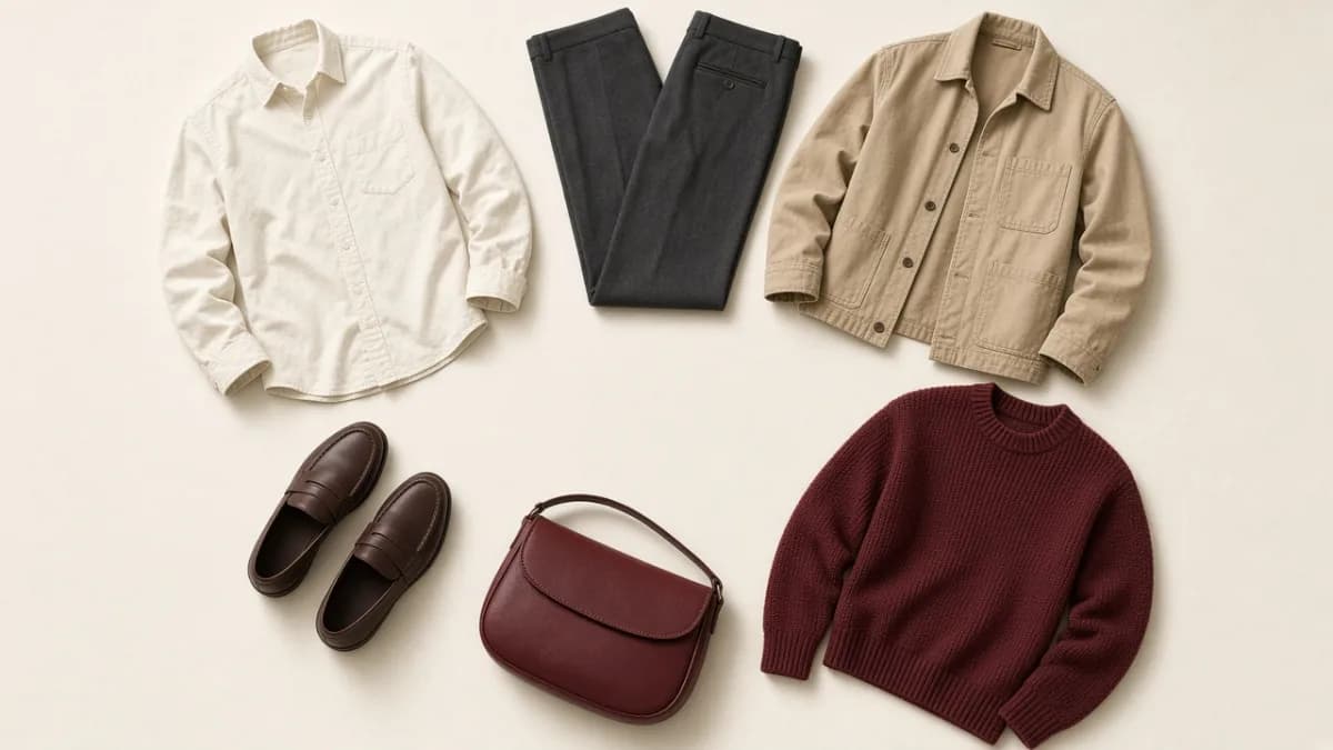 A small coordinated set of shirts, trousers, a jacket, shoes, and a bag arranged on ivory paper