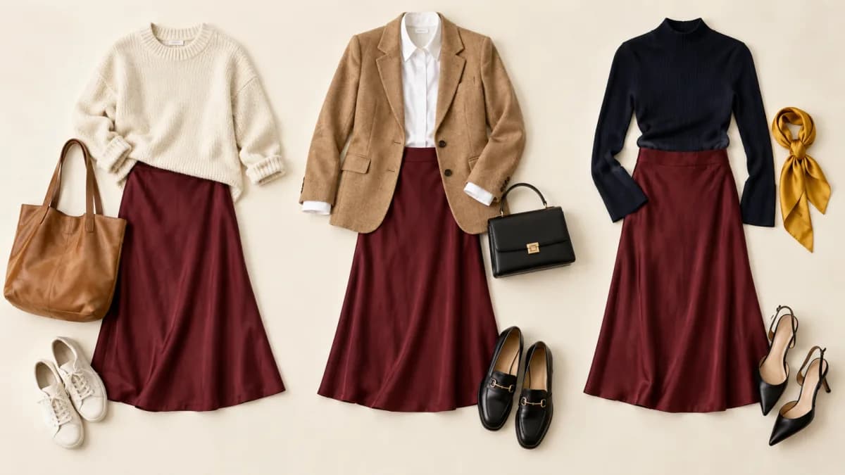 The same burgundy midi skirt styled three ways with knitwear, a blazer, and an evening top