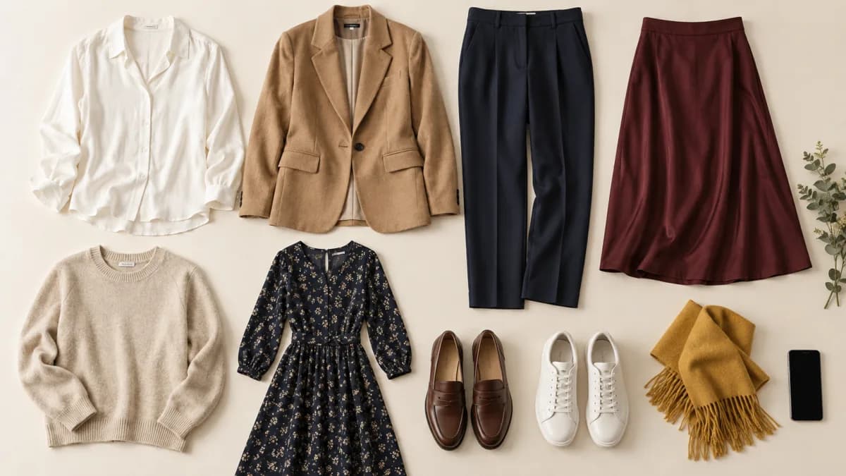 A blouse, blazer, trousers, skirt, dress, knitwear, shoes, and scarf arranged as a visual wardrobe beside a blank phone