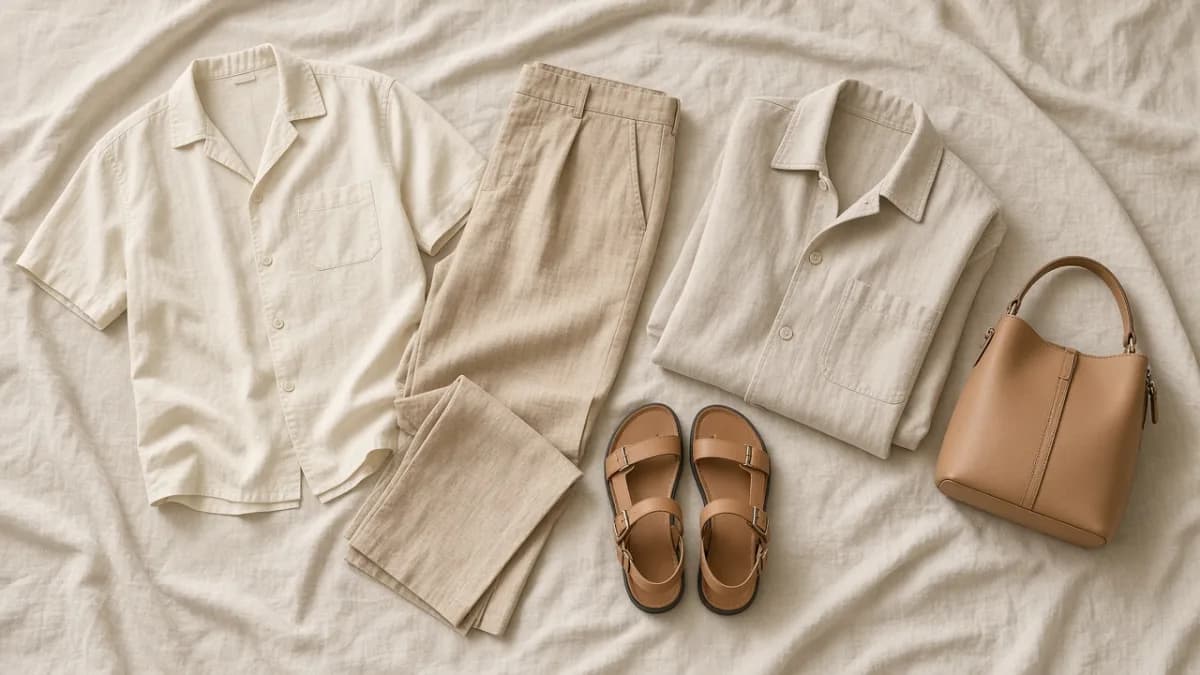 A breathable shirt, light trousers, sandals, and a light layer arranged on ivory cloth for a hot day