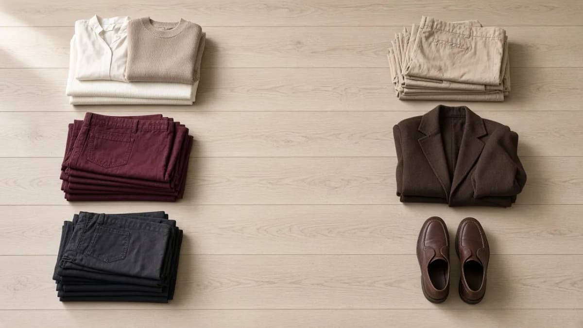 Clothes sorted into neat groups on a wooden floor for a digital wardrobe
