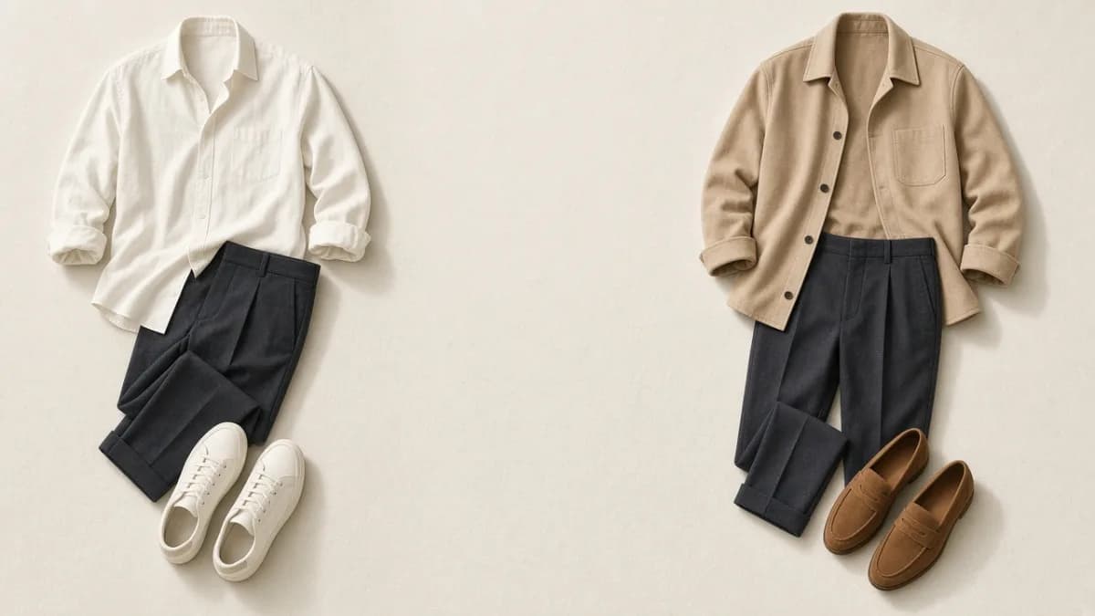 Two outfit directions using the same trousers, compared as flat lays on ivory paper
