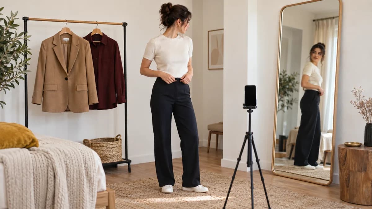 A woman preparing a full-body source photo beside two garments on a rail