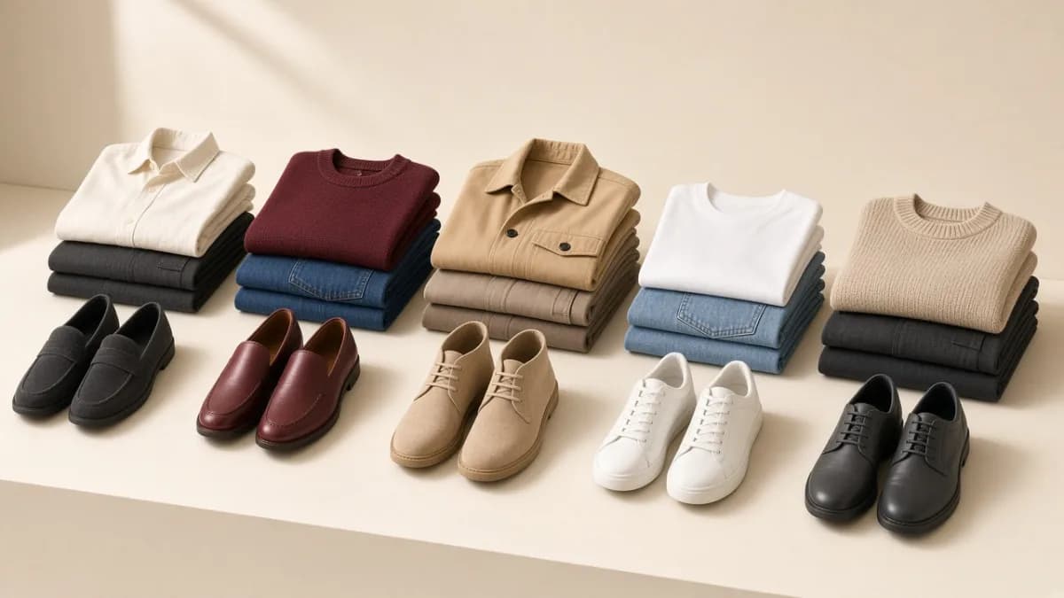 Five folded outfit stacks with shoes arranged in a row for a week of planned looks