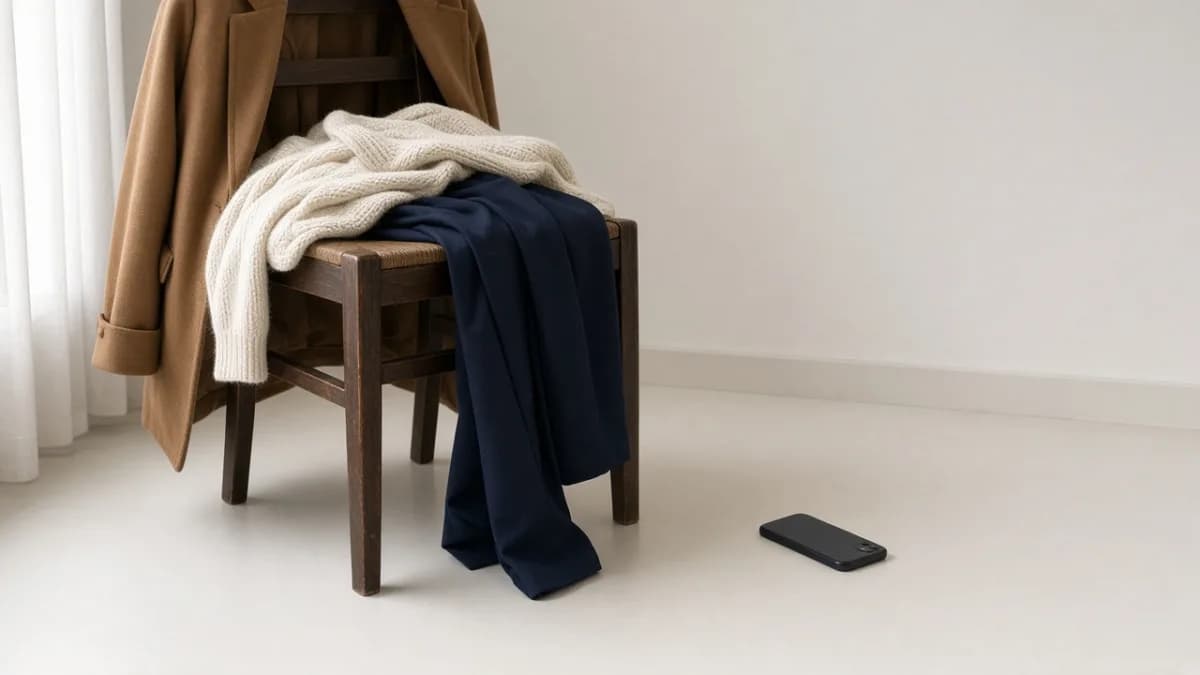Real clothes laid on a chair beside a phone face-down, suggesting trying the garments on rather than generating more previews