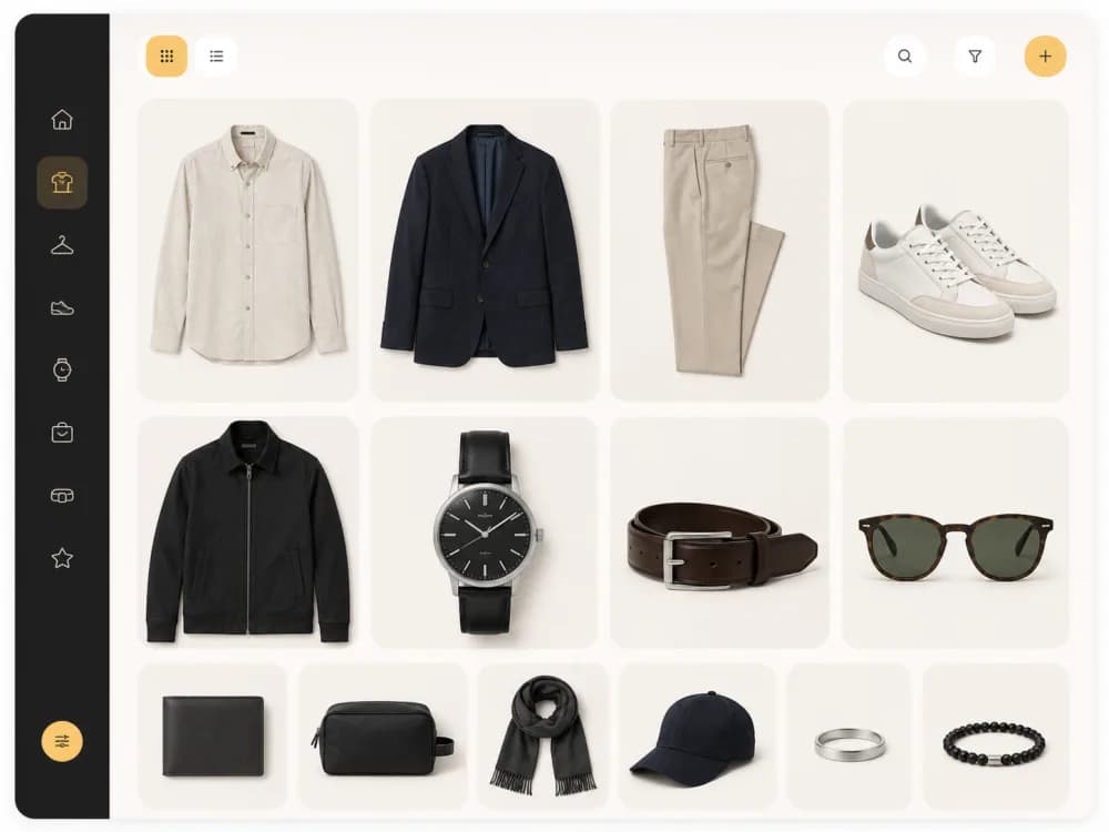 Digital wardrobe grid of clothing items organized in the Fashion Frame app